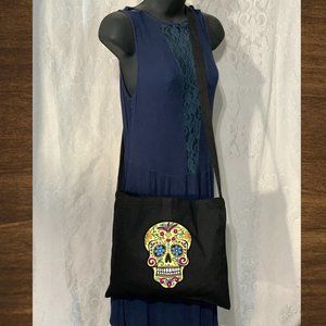 Skull Catrina Cotton Canvas Crossbody Messenger Tote Bag with Long Strap